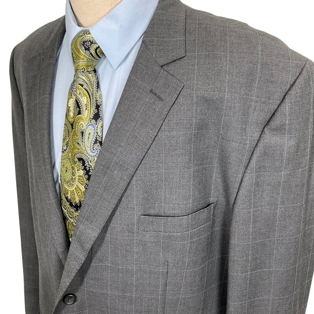 Pronto Uomo Platinum Blazer Mens‎ 52R Gray Blue Windowpane Plaid Classic Wool